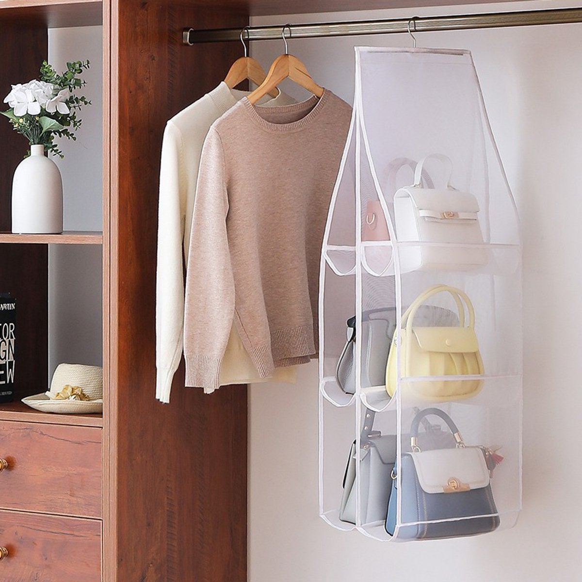 Hanging storage shelf - Closet organizer - Wardrobe organizer - 6 compartments - Suitable for handbags, clothes and toys (set of 3) - Image 1
