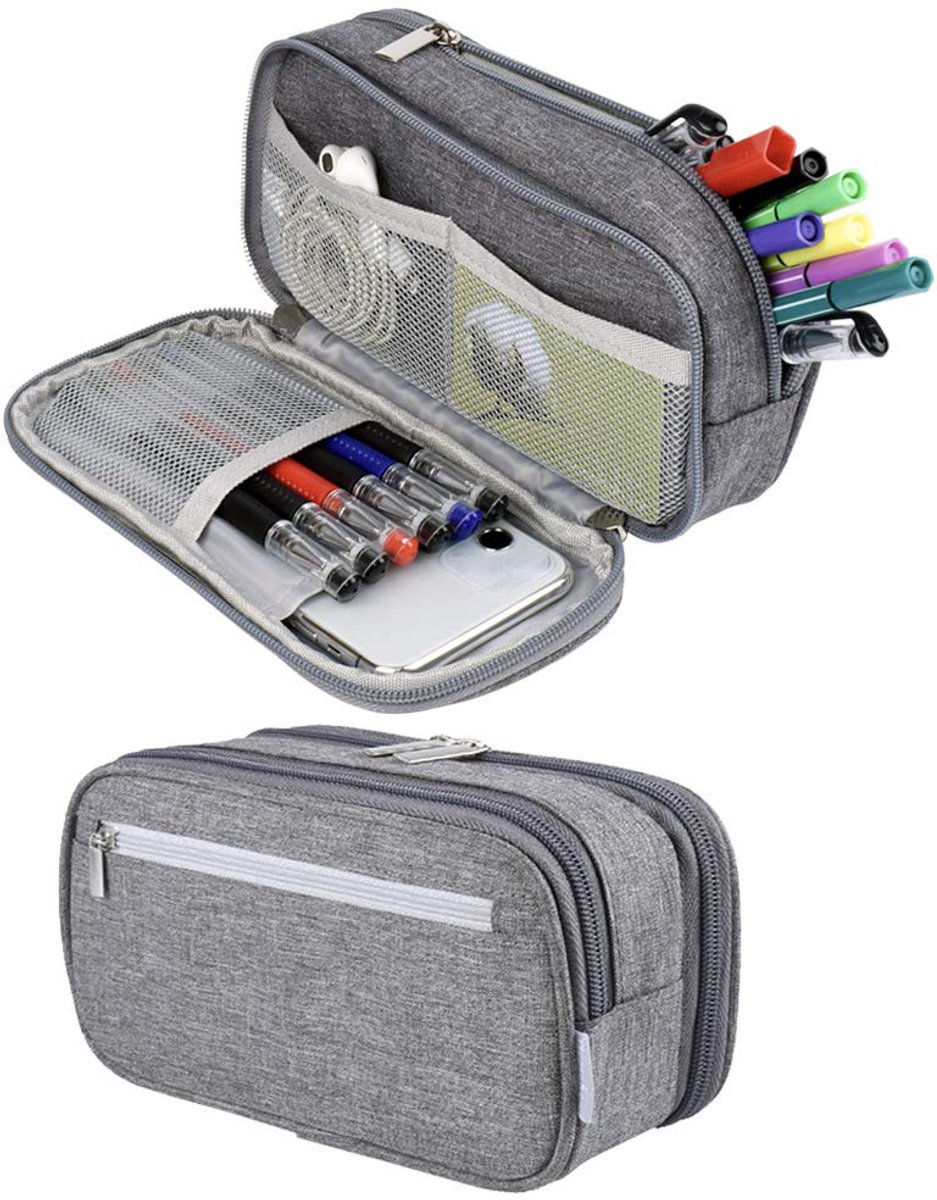 Large Capacity Pencil Case - School Pencil Case - Storage Case - Large Capacity Pencil Case for Boys and Girls - Student Office Supplies - Grijs - Image 1