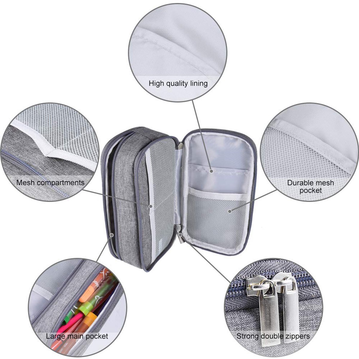 Large Capacity Pencil Case - School Pencil Case - Storage Case - Large Capacity Pencil Case for Boys and Girls - Student Office Supplies - Grijs - Image 2