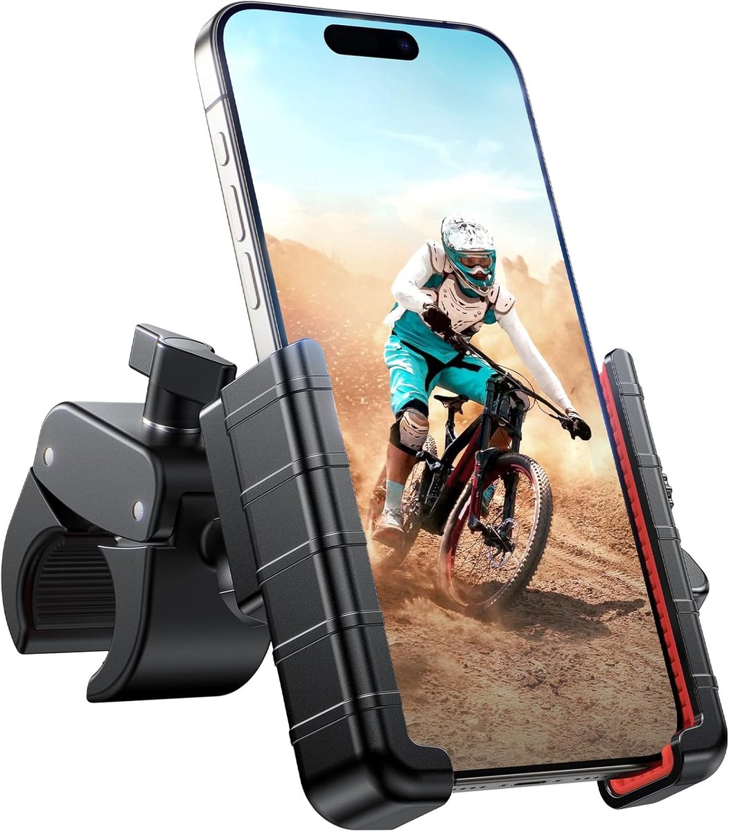 Phone holder for bicycles and motorcycles - Quick attachment - Bicycle handlebar mount - For scooters - Black and red - Image 1