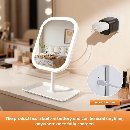 Makeup Mirror with Lighting – 3 Light Colors – Dimmable – Mirror with Lights – Smart Touch – USB Charging Port - Image 6