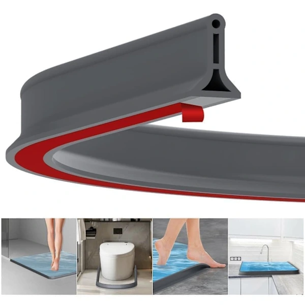 2m Self-Adhesive Shower Strip, 4cm High Waterproof Rubber Strip for Bathroom and Kitchen, Shower Threshold / Water Barrier Gray - Image 1