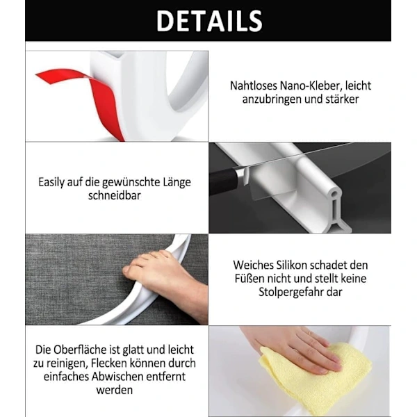 2m Self-Adhesive Shower Strip, 4cm High Waterproof Rubber Strip for Bathroom and Kitchen, Shower Threshold / Water Barrier Black - Image 4
