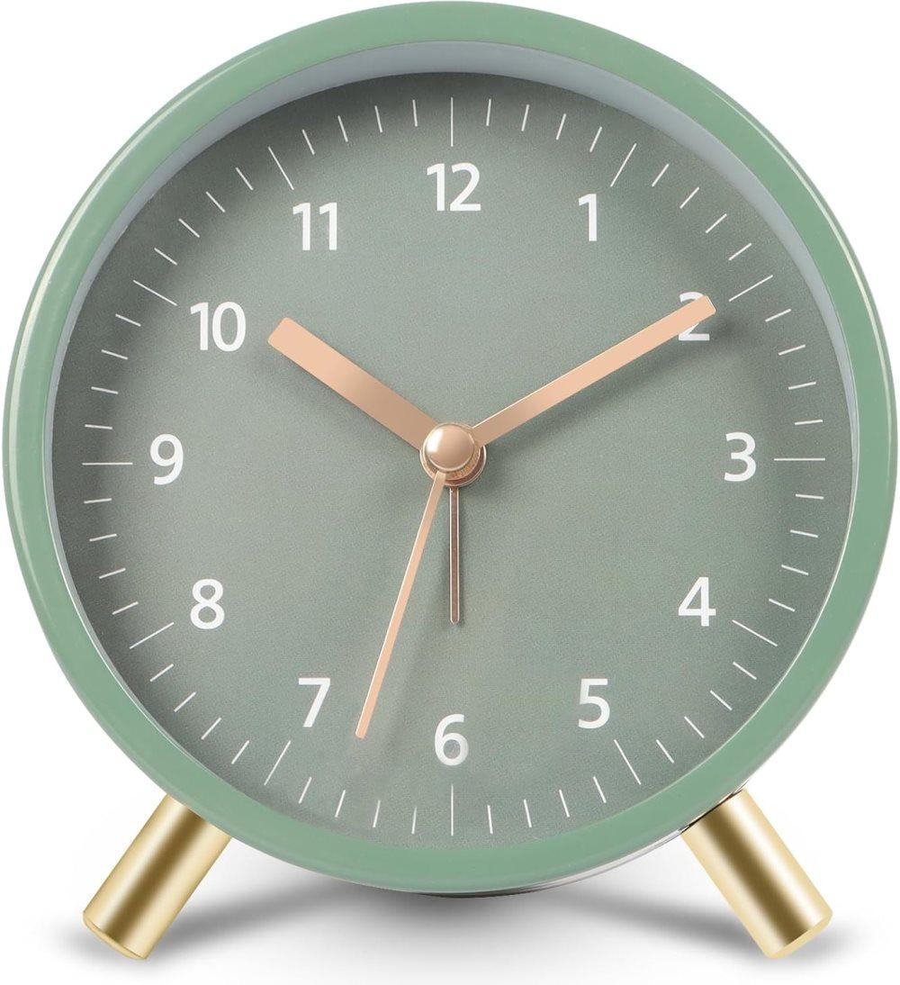 Silent Alarm Clock with Night Light and Backlight, Metal Clock for Bedrooms and Travel, green - Image 1