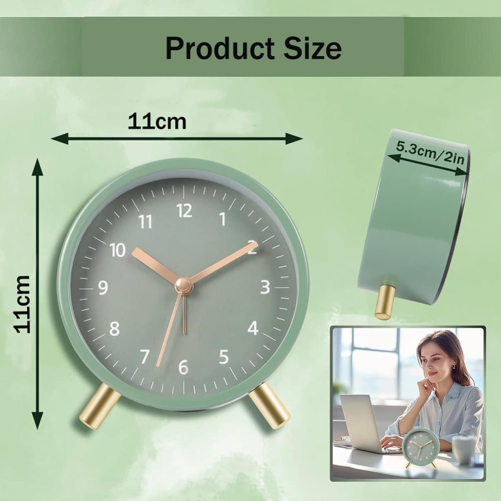 Silent Alarm Clock with Night Light and Backlight, Metal Clock for Bedrooms and Travel, green - Image 2
