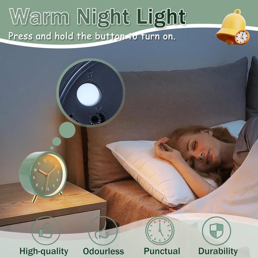 Silent Alarm Clock with Night Light and Backlight, Metal Clock for Bedrooms and Travel, green - Image 3
