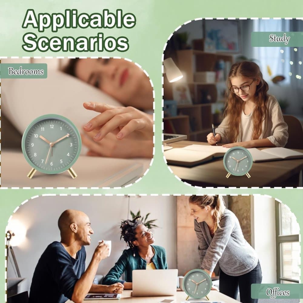 Silent Alarm Clock with Night Light and Backlight, Metal Clock for Bedrooms and Travel, green - Image 4