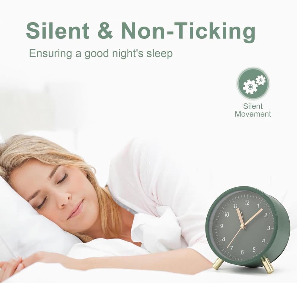 Silent Alarm Clock with Night Light and Backlight, Metal Clock for Bedrooms and Travel, green - Image 5
