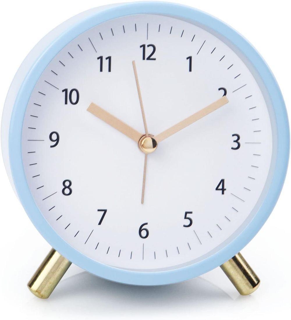 Silent Alarm Clock with Night Light and Backlight, Blue Bedroom and Travel Clock, Metal - Image 1