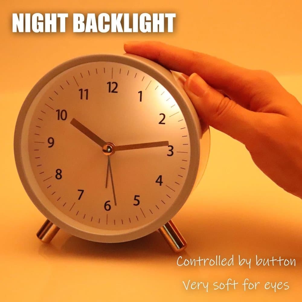 Silent Alarm Clock with Night Light and Backlight, Blue Bedroom and Travel Clock, Metal - Image 4