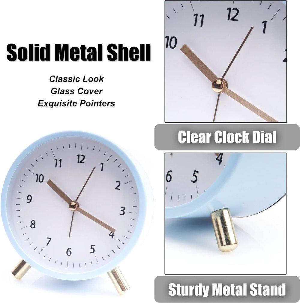 Silent Alarm Clock with Night Light and Backlight, Blue Bedroom and Travel Clock, Metal - Image 6