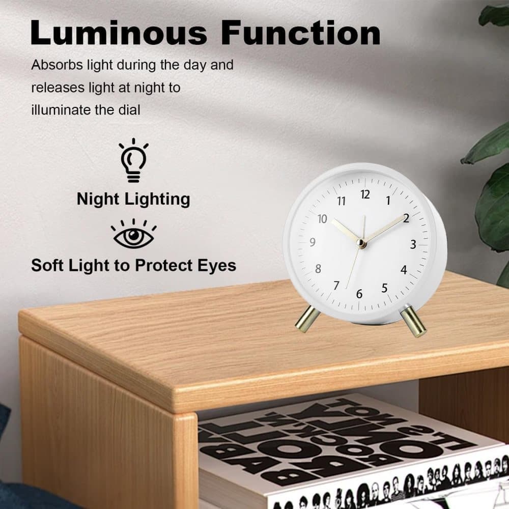 Silent Alarm Clock with Night Light and Backlight, White Metal Clock for Bedrooms and Travel - Image 2