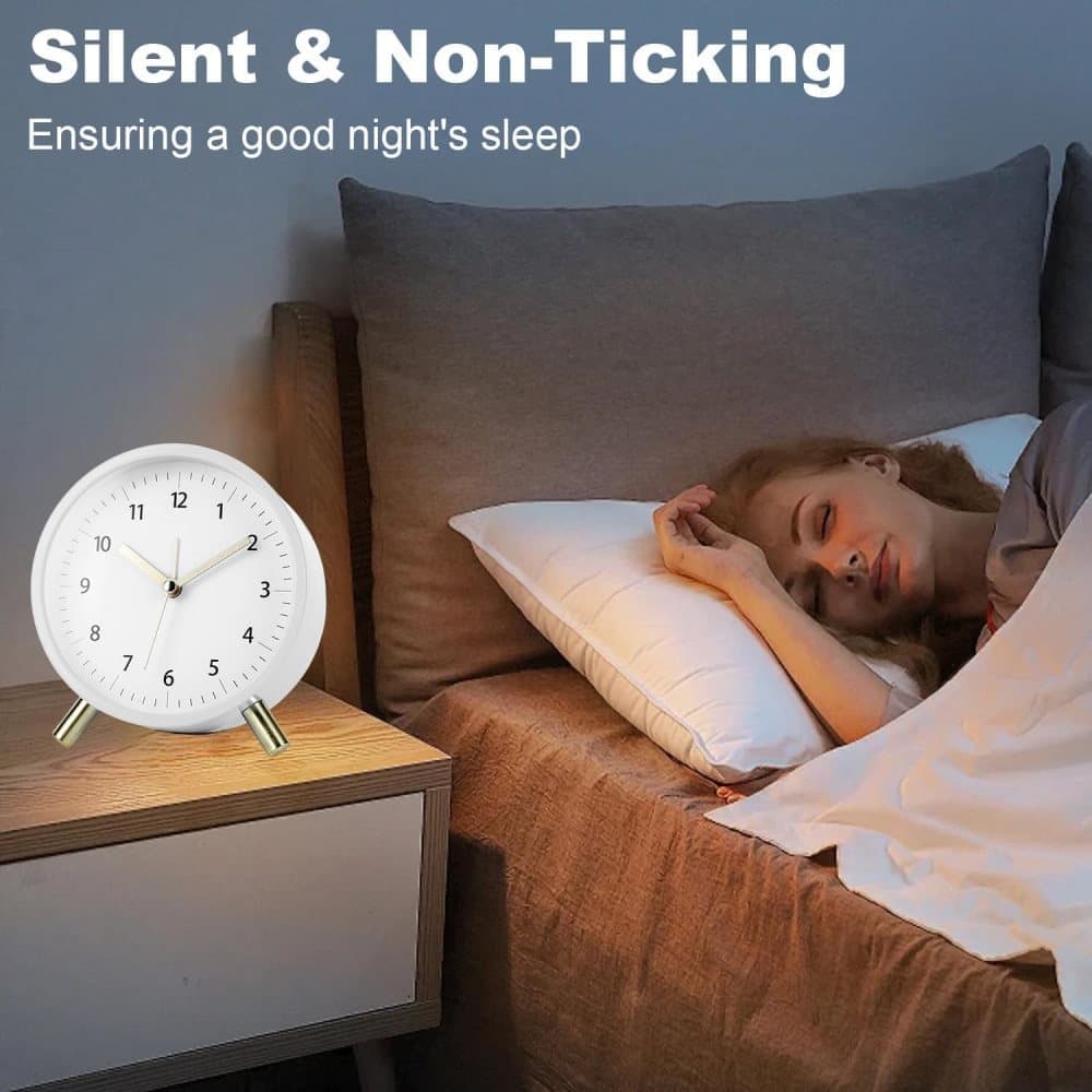Silent Alarm Clock with Night Light and Backlight, White Metal Clock for Bedrooms and Travel - Image 7