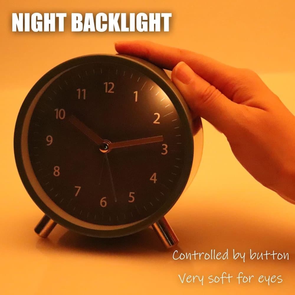 Silent Alarm Clock with Night Light and Backlight, Metal Clock for Bedrooms and Travel, Black - Image 4
