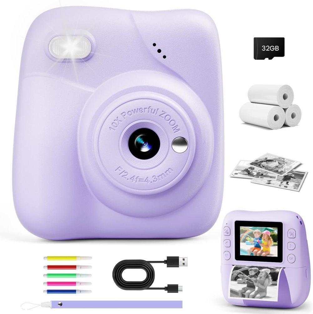 48MP Kids Digital Camera with Instant Print, 1080p FHD, 10x Zoom, 32GB Memory Card, 3-inch Screen, Purple - Image 2