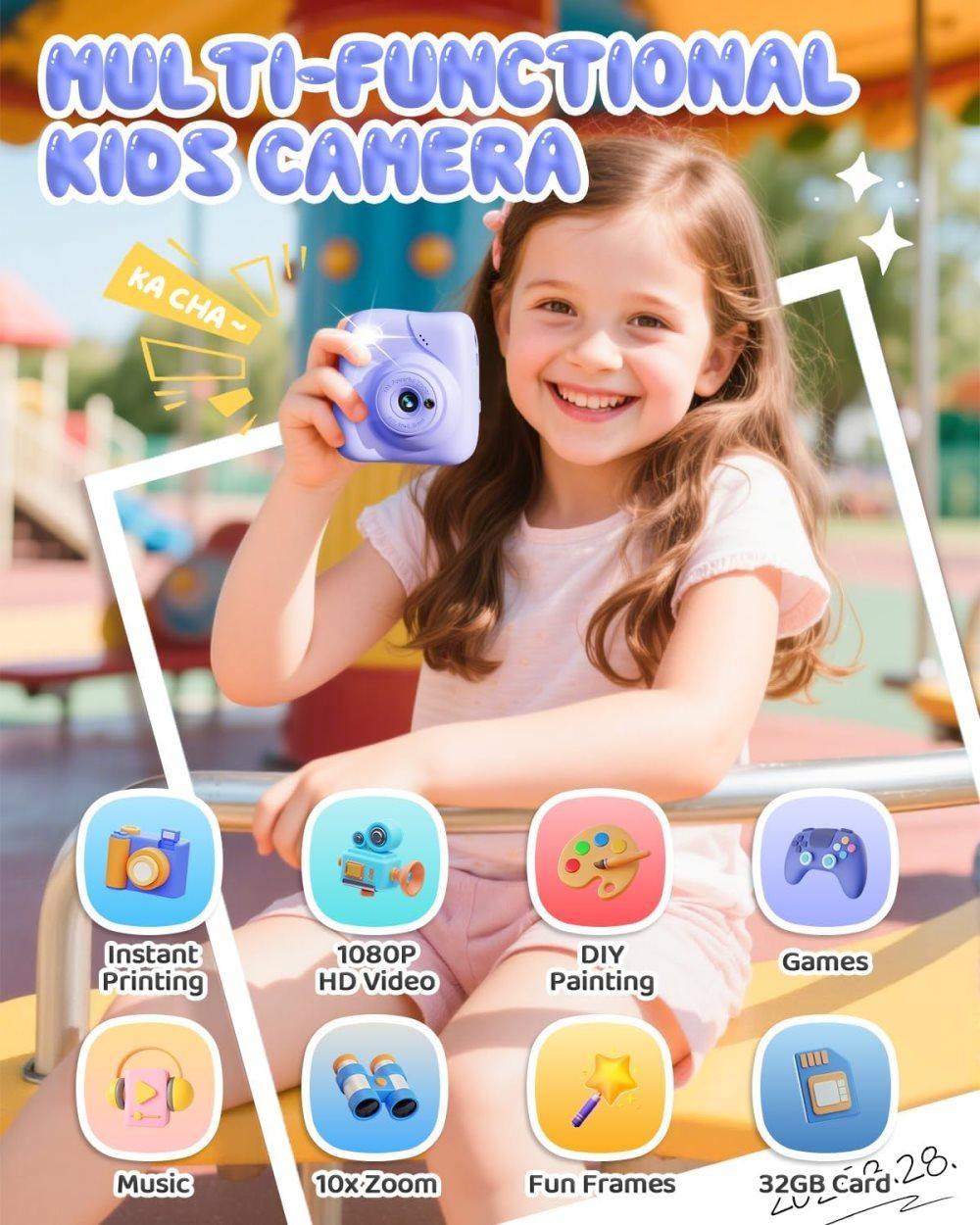 48MP Kids Digital Camera with Instant Print, 1080p FHD, 10x Zoom, 32GB Memory Card, 3-inch Screen, Purple - Image 3
