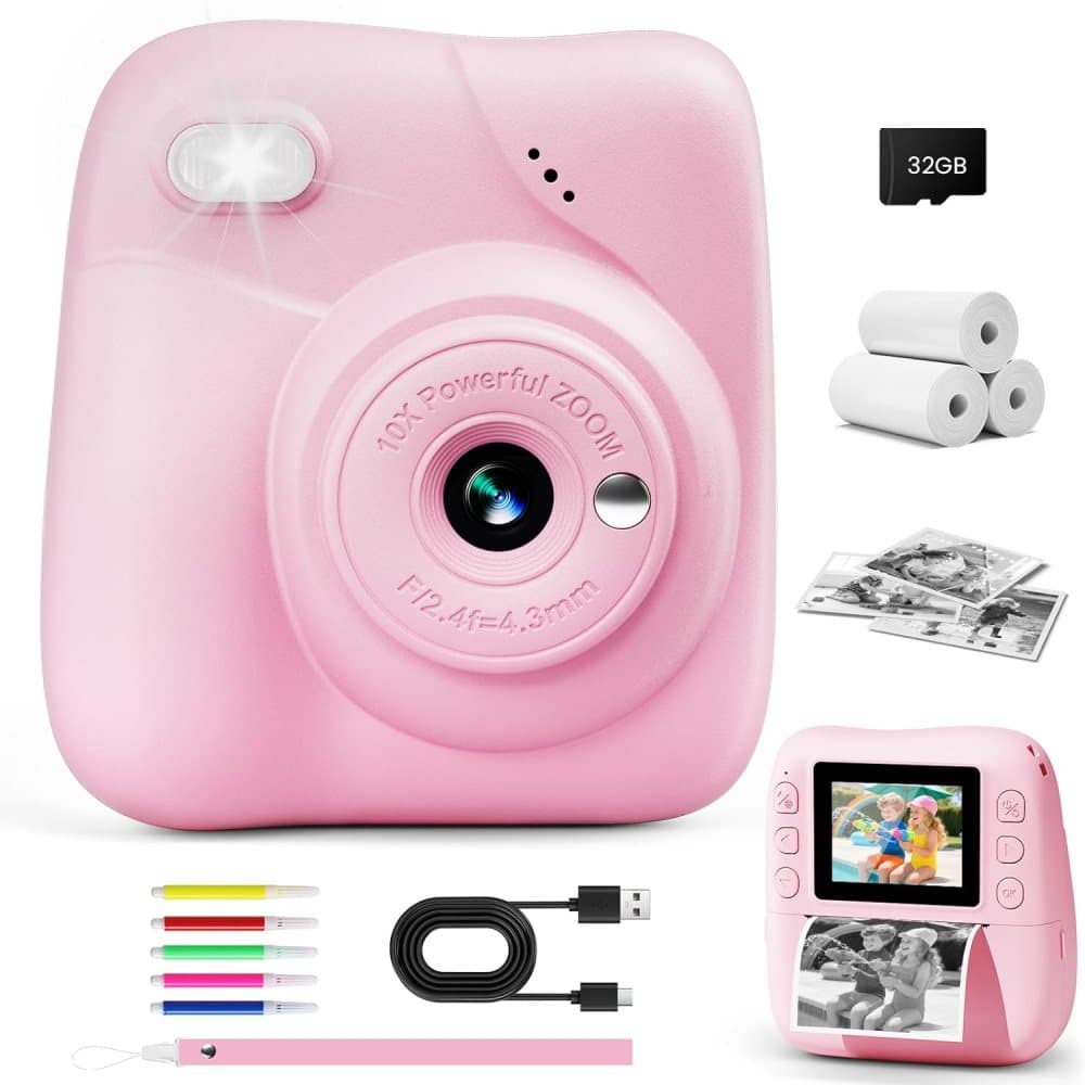 48MP Kids Digital Camera with Instant Print, 1080p FHD, 10x Zoom, 32GB Memory Card, 3-inch Screen, Pink - Image 1
