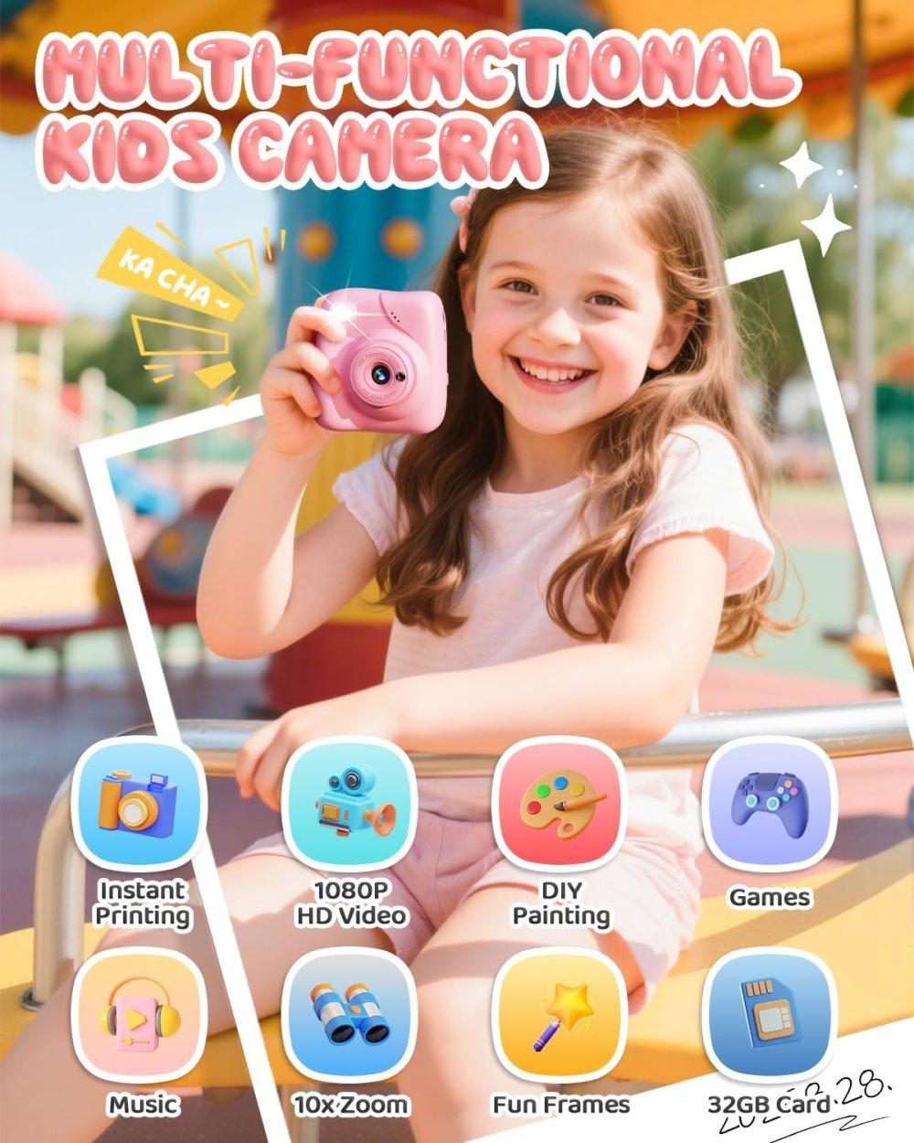 48MP Kids Digital Camera with Instant Print, 1080p FHD, 10x Zoom, 32GB Memory Card, 3-inch Screen, Pink - Image 3