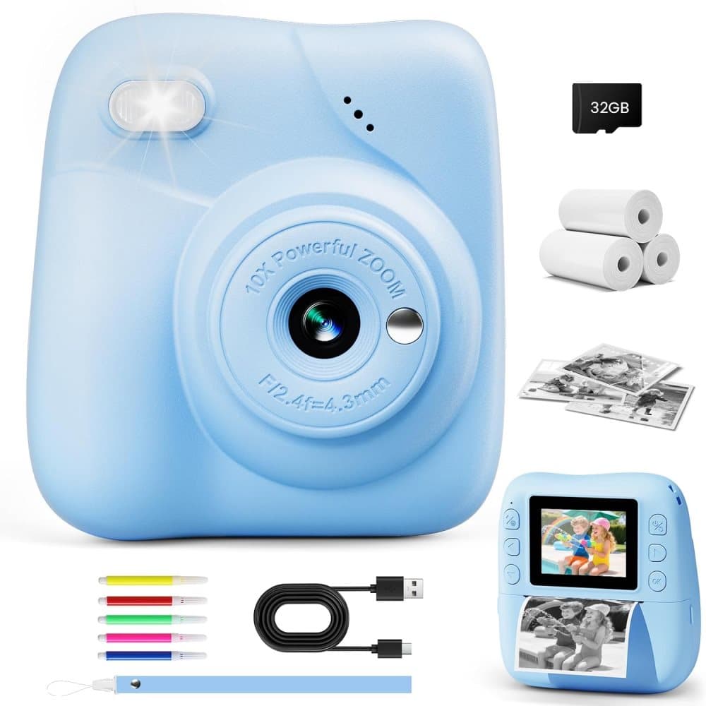 48MP Kids Digital Camera with Instant Print, 1080p FHD, 10x Zoom, 32GB Memory Card, 3-inch Screen, Blue - Image 1