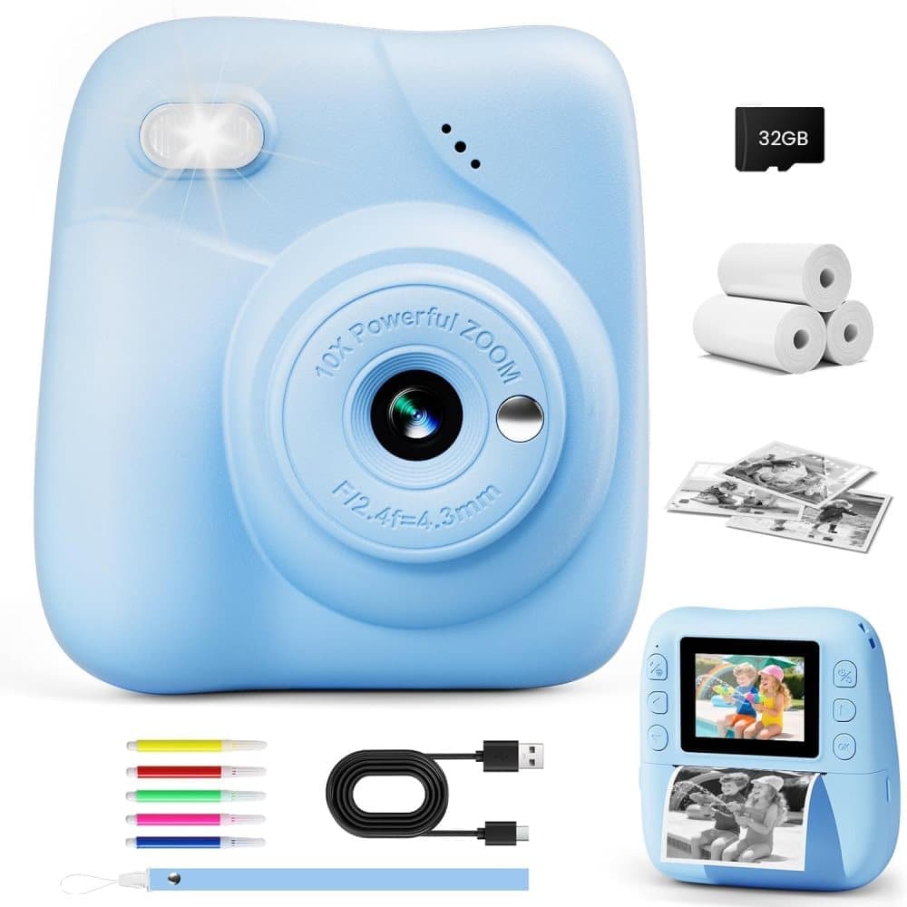 48MP Kids Digital Camera with Instant Print, 1080p FHD, 10x Zoom, 32GB Memory Card, 3-inch Screen, Blue - Image 2