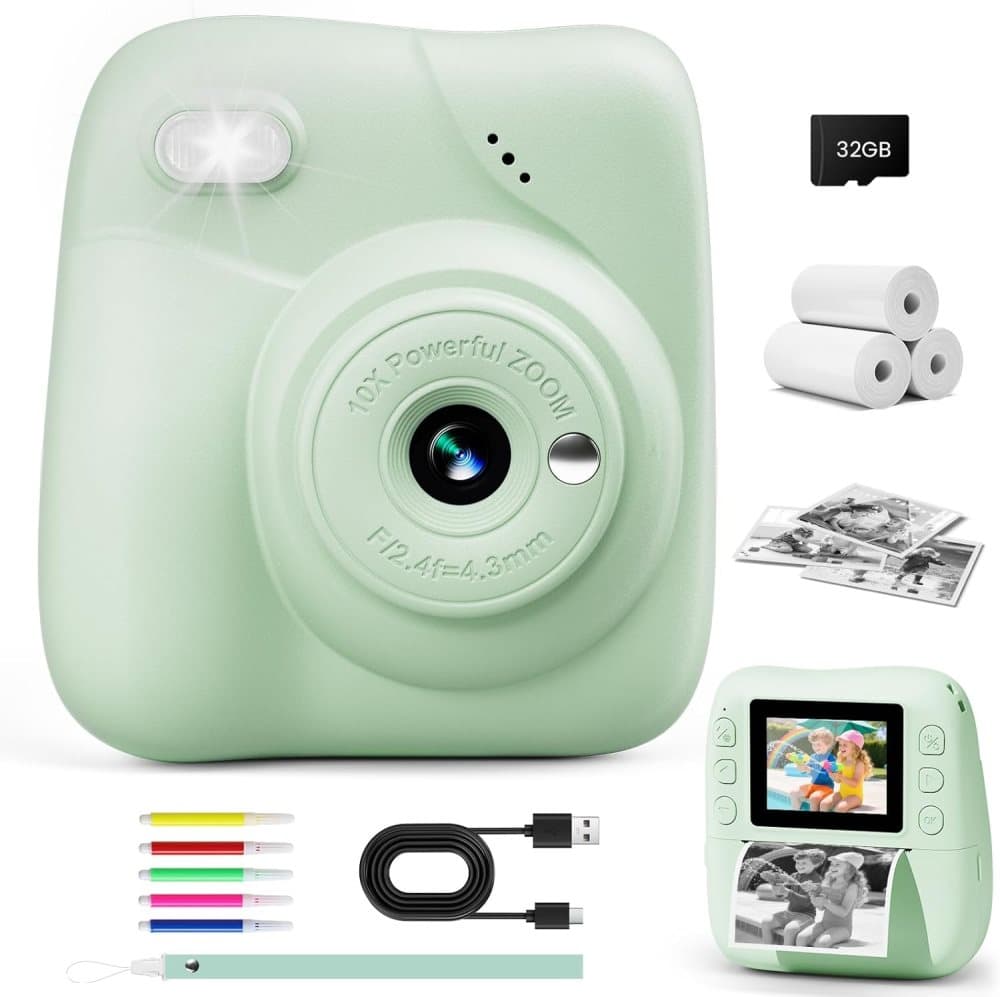 48MP Kids Digital Camera with Instant Print, 1080p FHD, 10x Zoom, 32GB Memory Card, 3-inch Screen, Green - Image 1