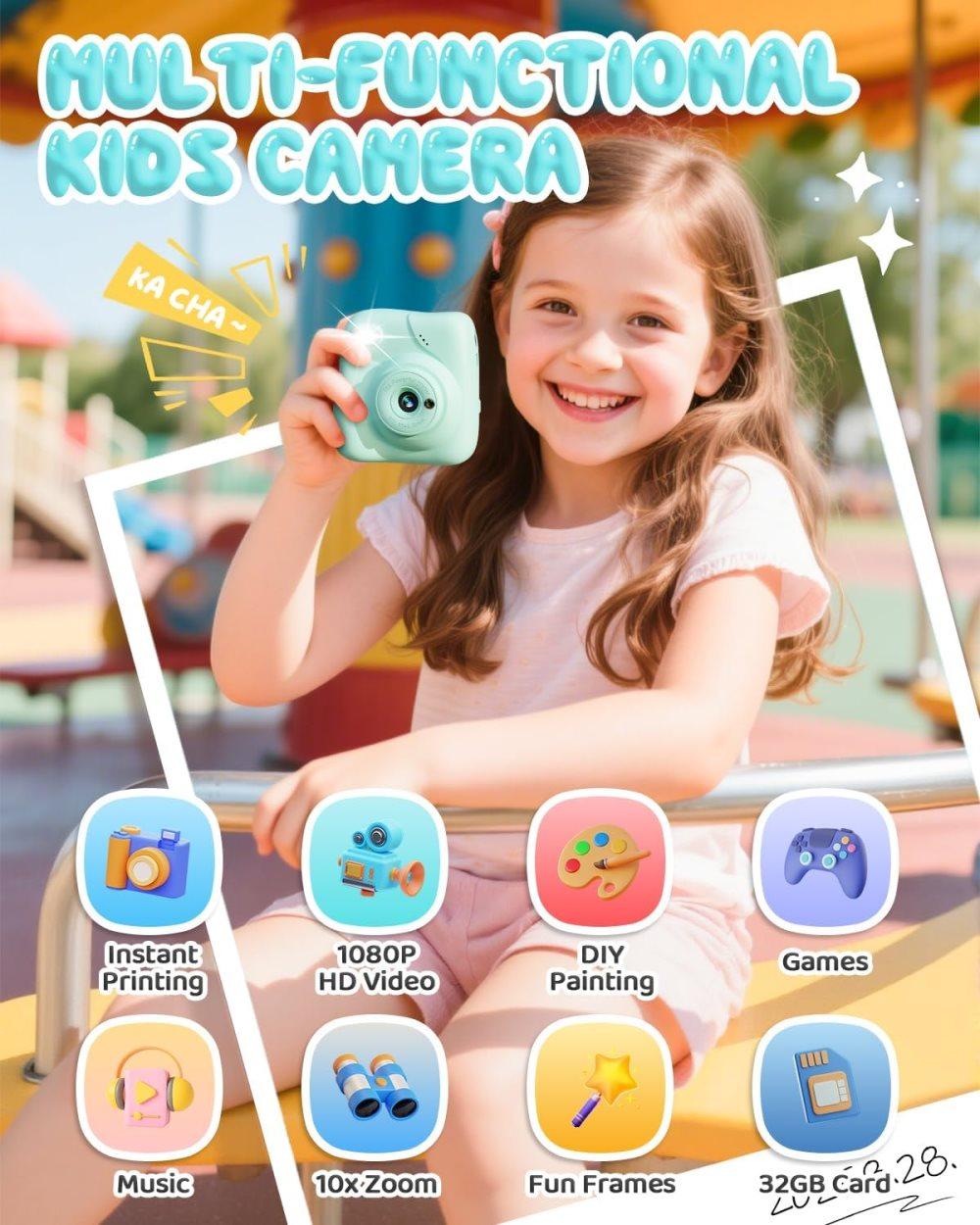 48MP Kids Digital Camera with Instant Print, 1080p FHD, 10x Zoom, 32GB Memory Card, 3-inch Screen, Green - Image 5