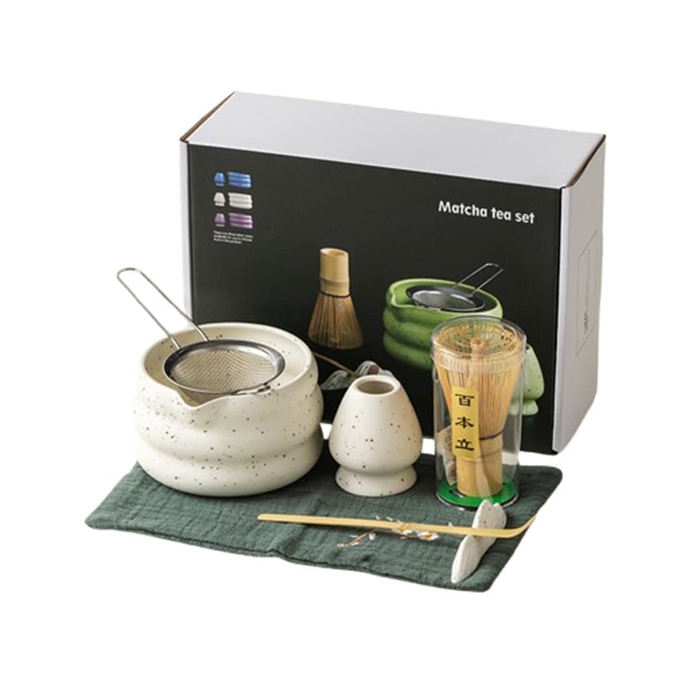 7-Piece Ceramic Matcha Tea Set with Bowl Whisk and Accessories, White - Image 1