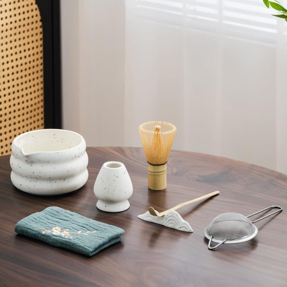 7-Piece Ceramic Matcha Tea Set with Bowl Whisk and Accessories, White - Image 2