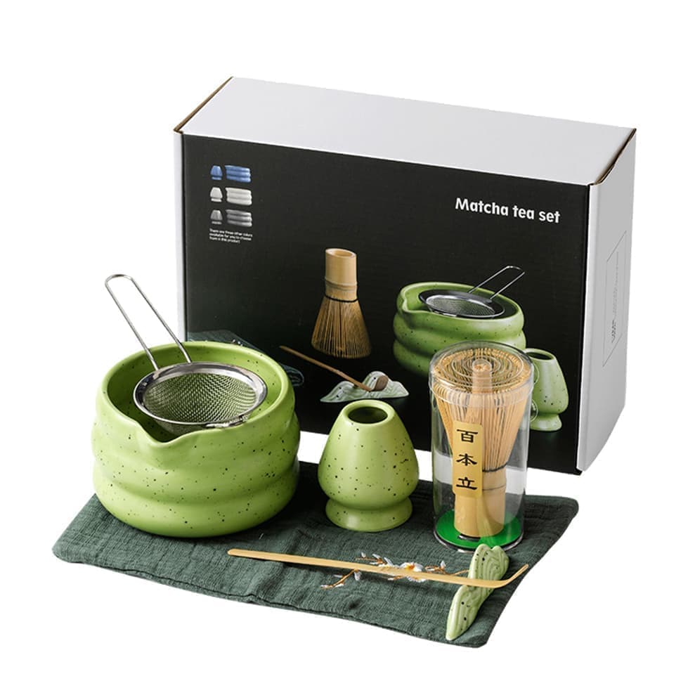 7-Piece Ceramic Matcha Tea Set with Bowl Whisk and Accessories, Green - Image 1
