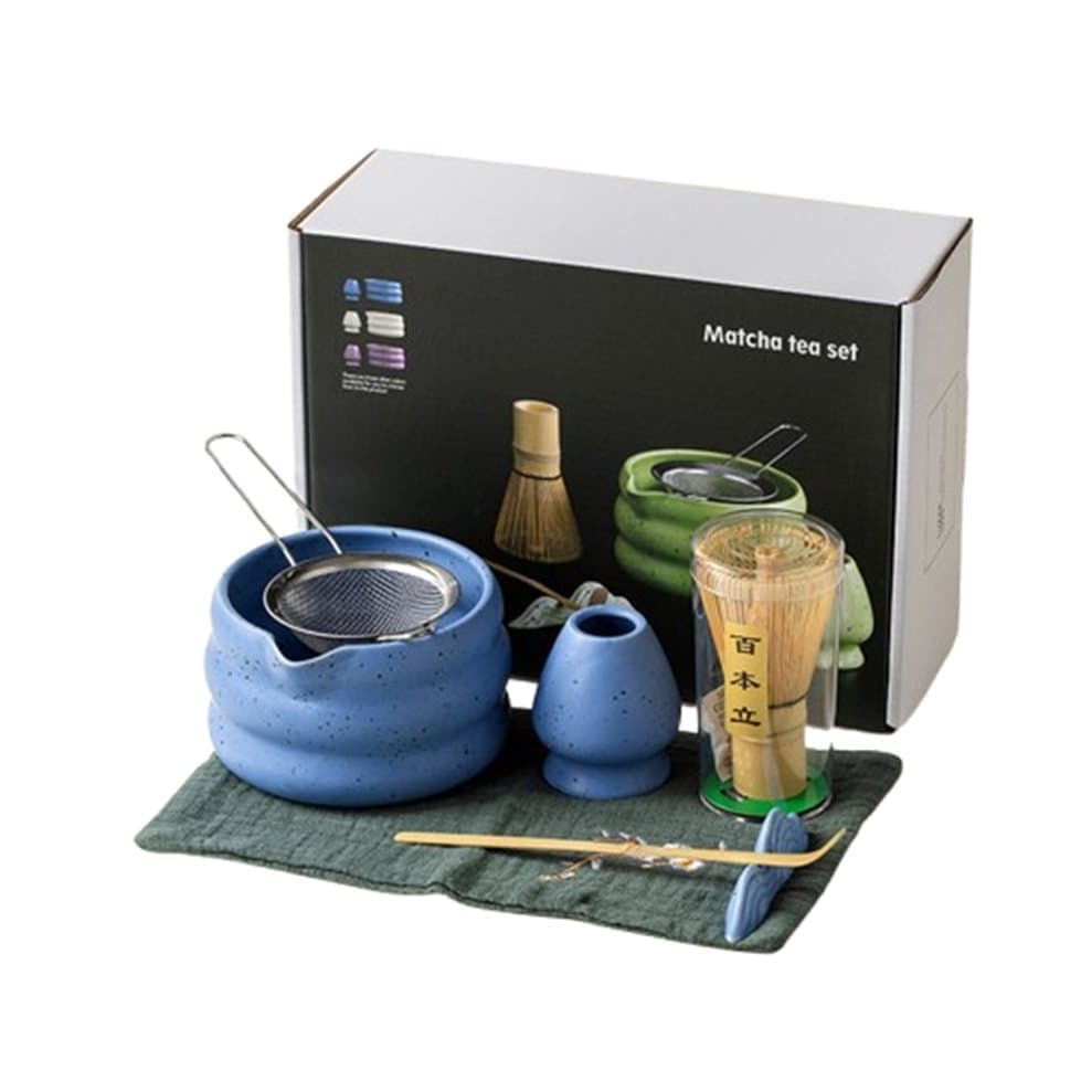 7-Piece Ceramic Matcha Tea Set with Bowl Whisk and Accessories, Blue - Image 1