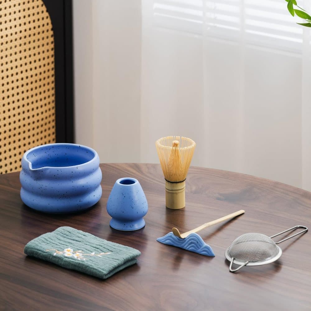 7-Piece Ceramic Matcha Tea Set with Bowl Whisk and Accessories, Blue - Image 2