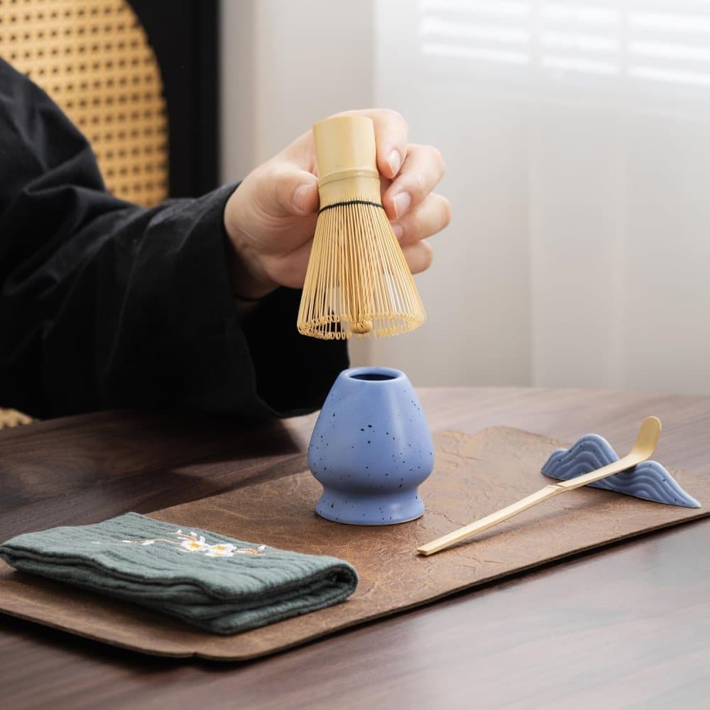 7-Piece Ceramic Matcha Tea Set with Bowl Whisk and Accessories, Blue - Image 4