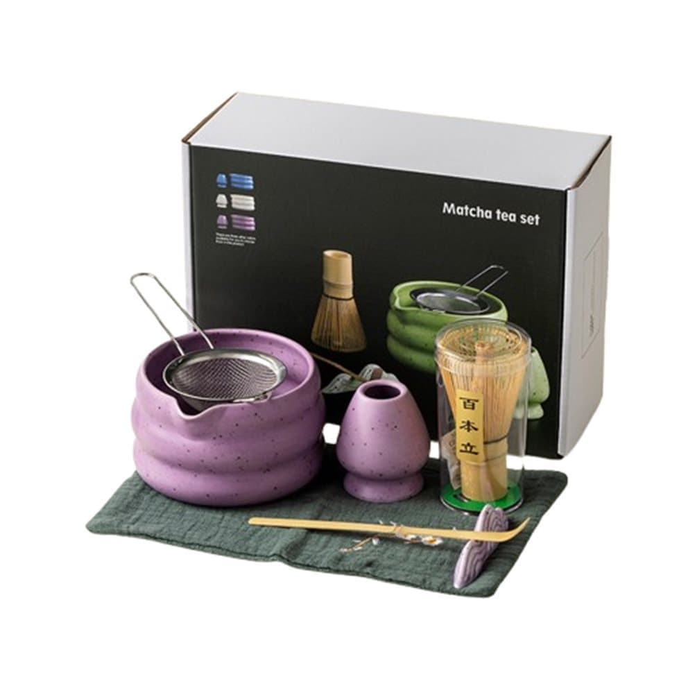 7-Piece Ceramic Matcha Tea Set with Bowl Whisk and Accessories, Purple - Image 1