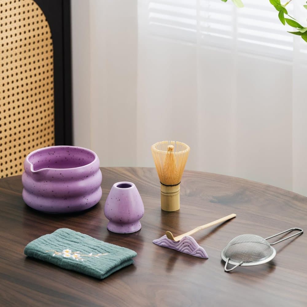 7-Piece Ceramic Matcha Tea Set with Bowl Whisk and Accessories, Purple - Image 2