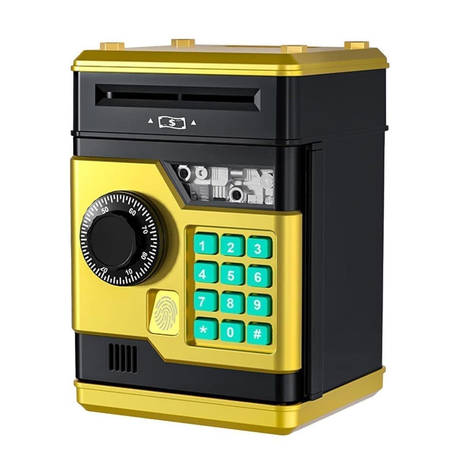 Children's Electronic Piggy Bank with Fingerprint & Password Protection, Automatic Saving Function, Mini Cabinet, Gold - Image 1