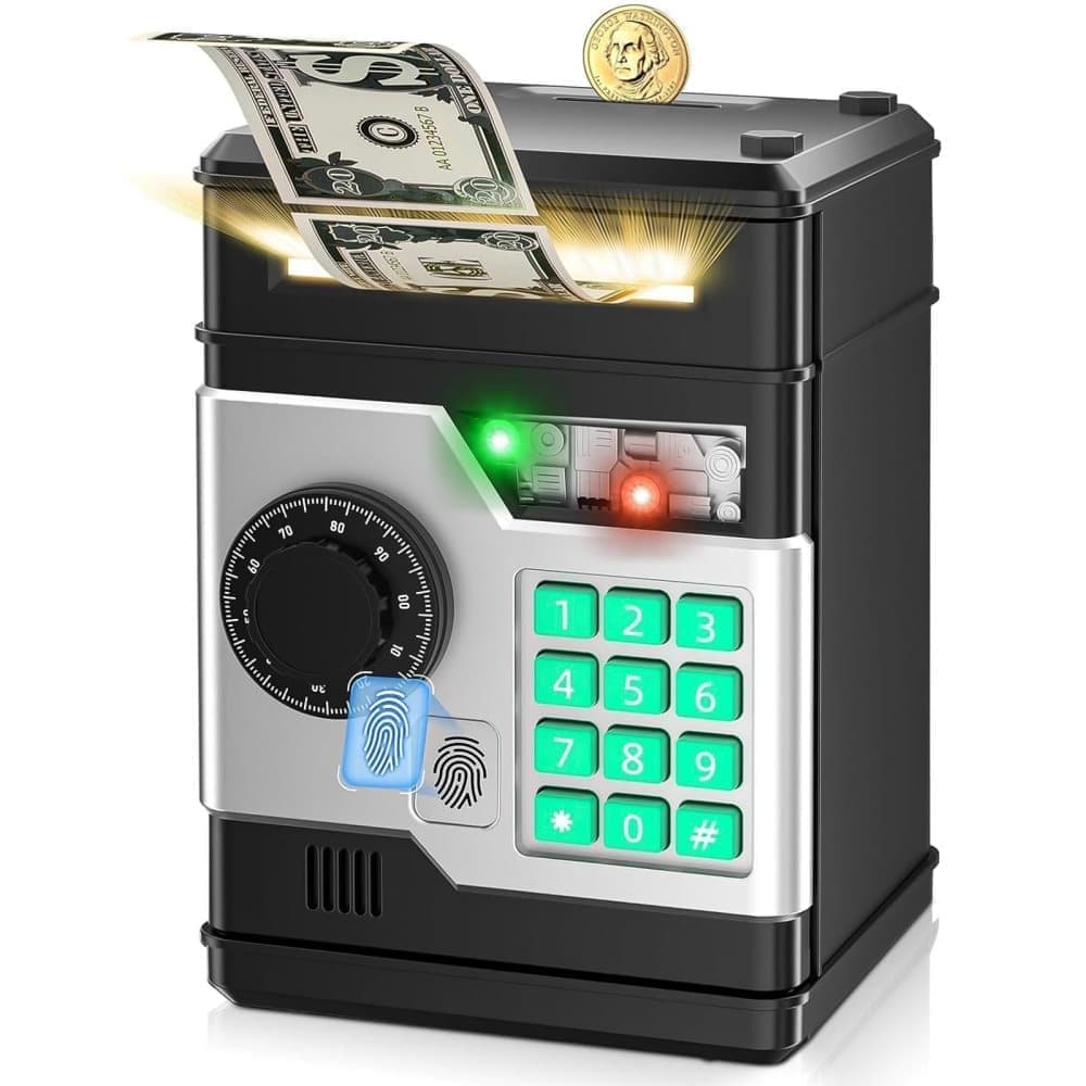Kids Electronic Piggy Bank with Fingerprint & Password Protection, Automatic Saving Function, Mini Cabinet, Black - Image 1
