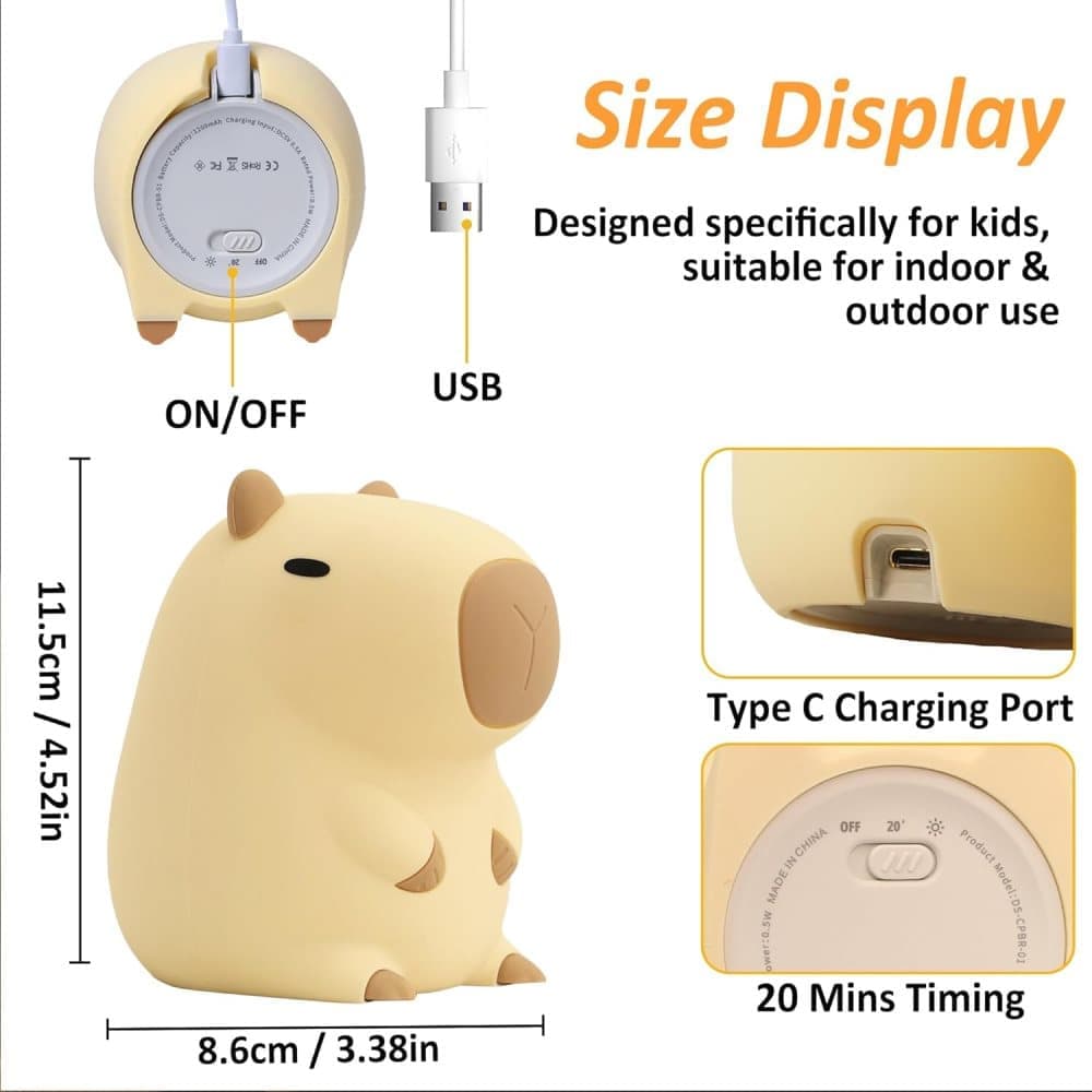 Capybara Night Light Soft Animal Shaped LED Lamp Dimmable with Timer Rechargeable for Kids Room, Portable - Image 7