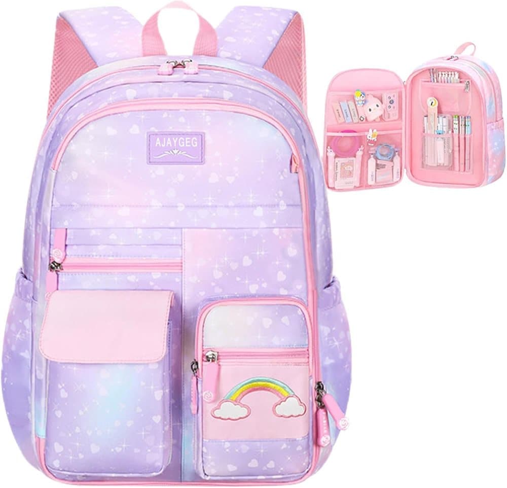 Waterproof Kawaii School Backpack for Girls with Reflective Strap, Purple, Compatible with Children and Teenage Girls - Image 1