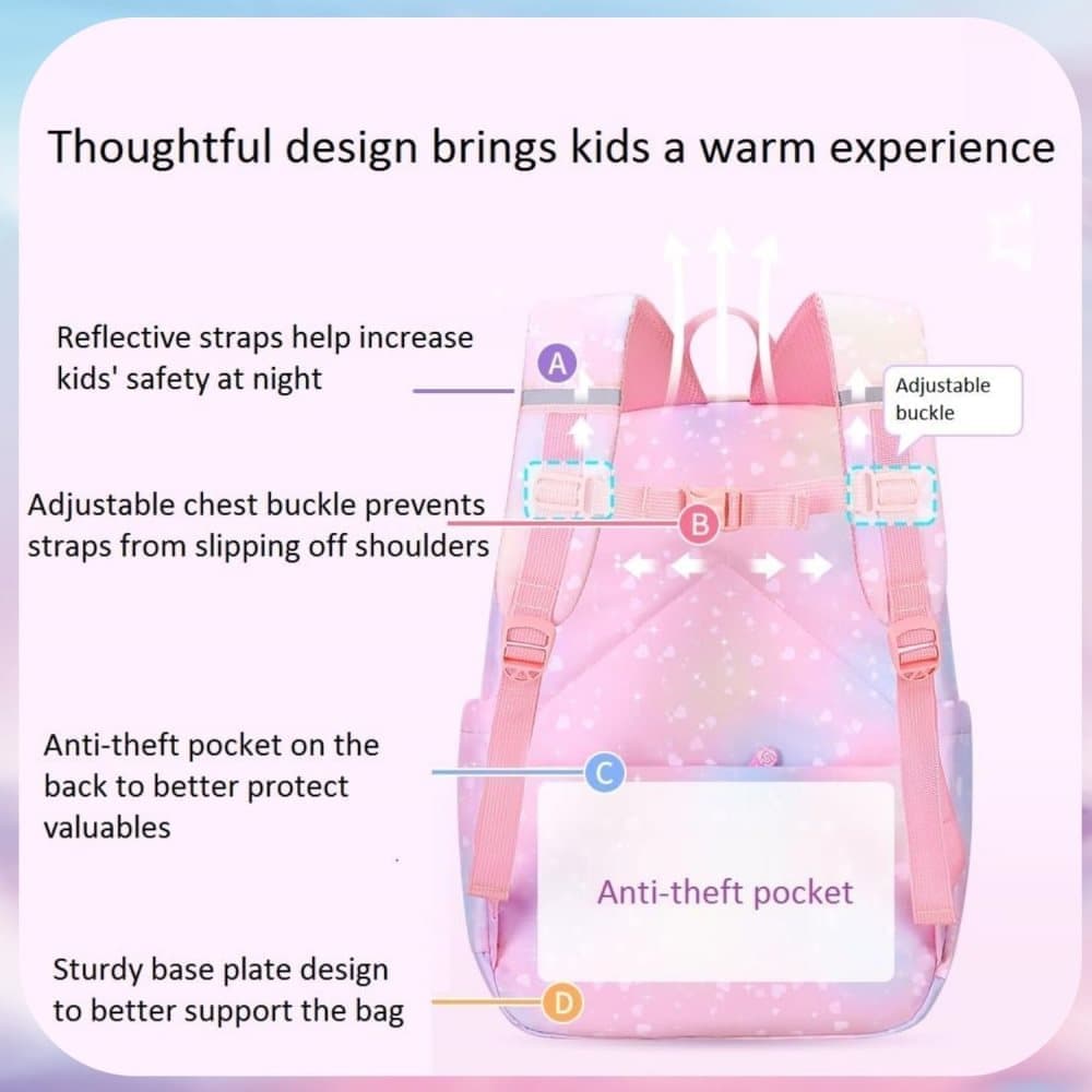 Waterproof Kawaii School Backpack for Girls with Reflective Strap, Purple, Compatible with Children and Teenage Girls - Image 7