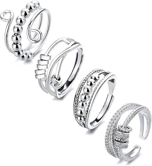 4 pcs Anti-Stress Ring with Rotating Beads, Silver, Compatible with Fidget Spinner Rings - Image 1