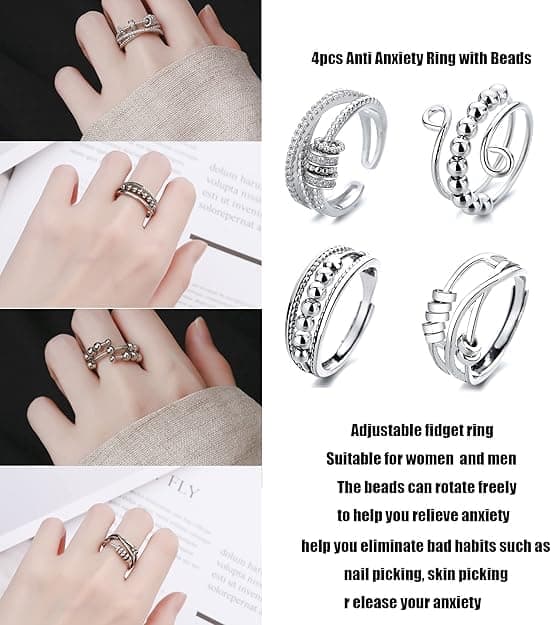 4 pcs Anti-Stress Ring with Rotating Beads, Silver, Compatible with Fidget Spinner Rings - Image 2