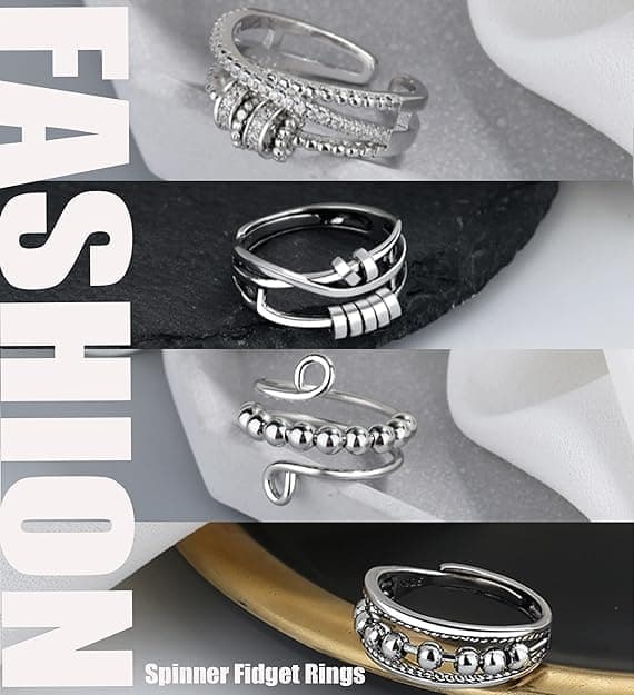 4 pcs Anti-Stress Ring with Rotating Beads, Silver, Compatible with Fidget Spinner Rings - Image 7