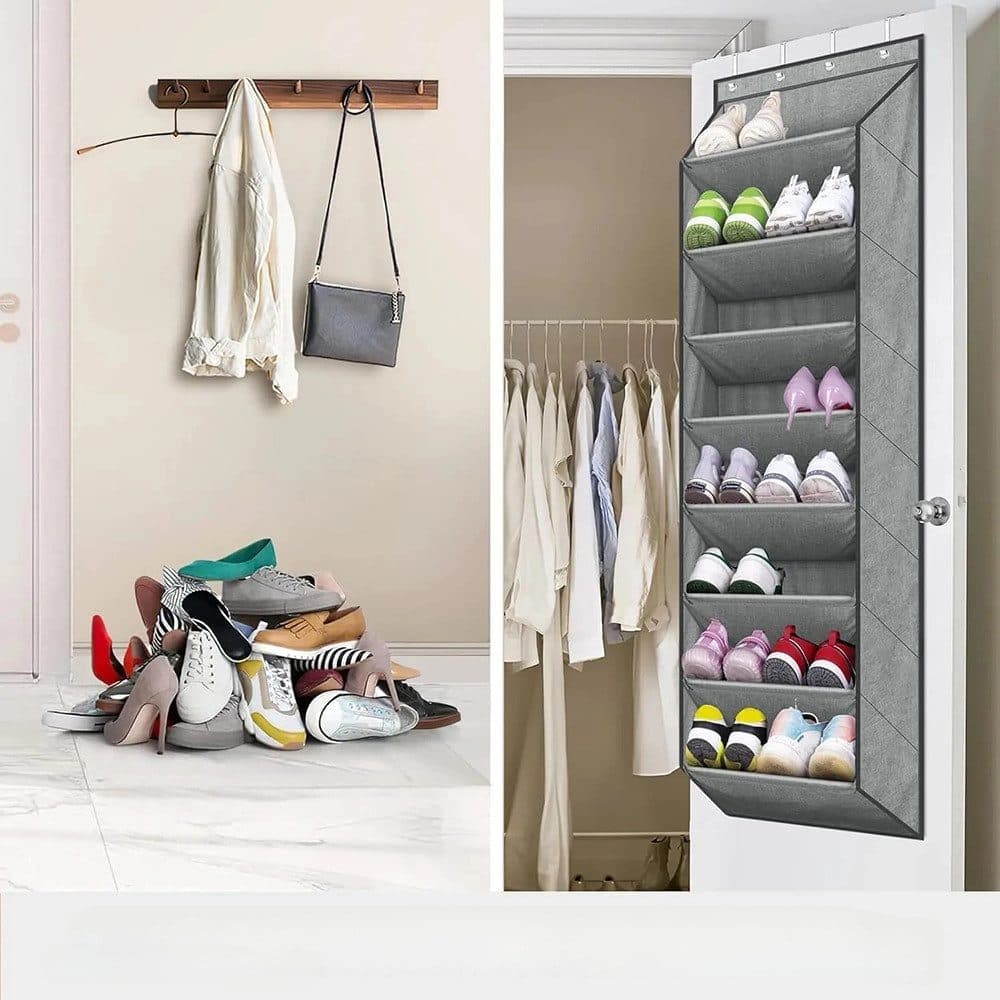 12 Pairs Wall Mounted Shoe Rack with Hooks, Shoe Hanger Storage for Door, 24 x 12 x 4 inches, Gray - Image 5