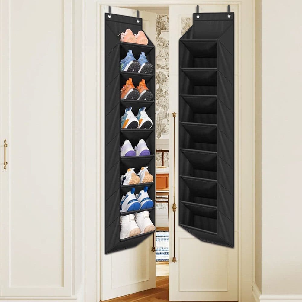 12 Pairs Wall Mounted Shoe Rack with Hooks, Shoe Hanger Storage for Door, 24 x 12 x 4 inches, Black - Image 6