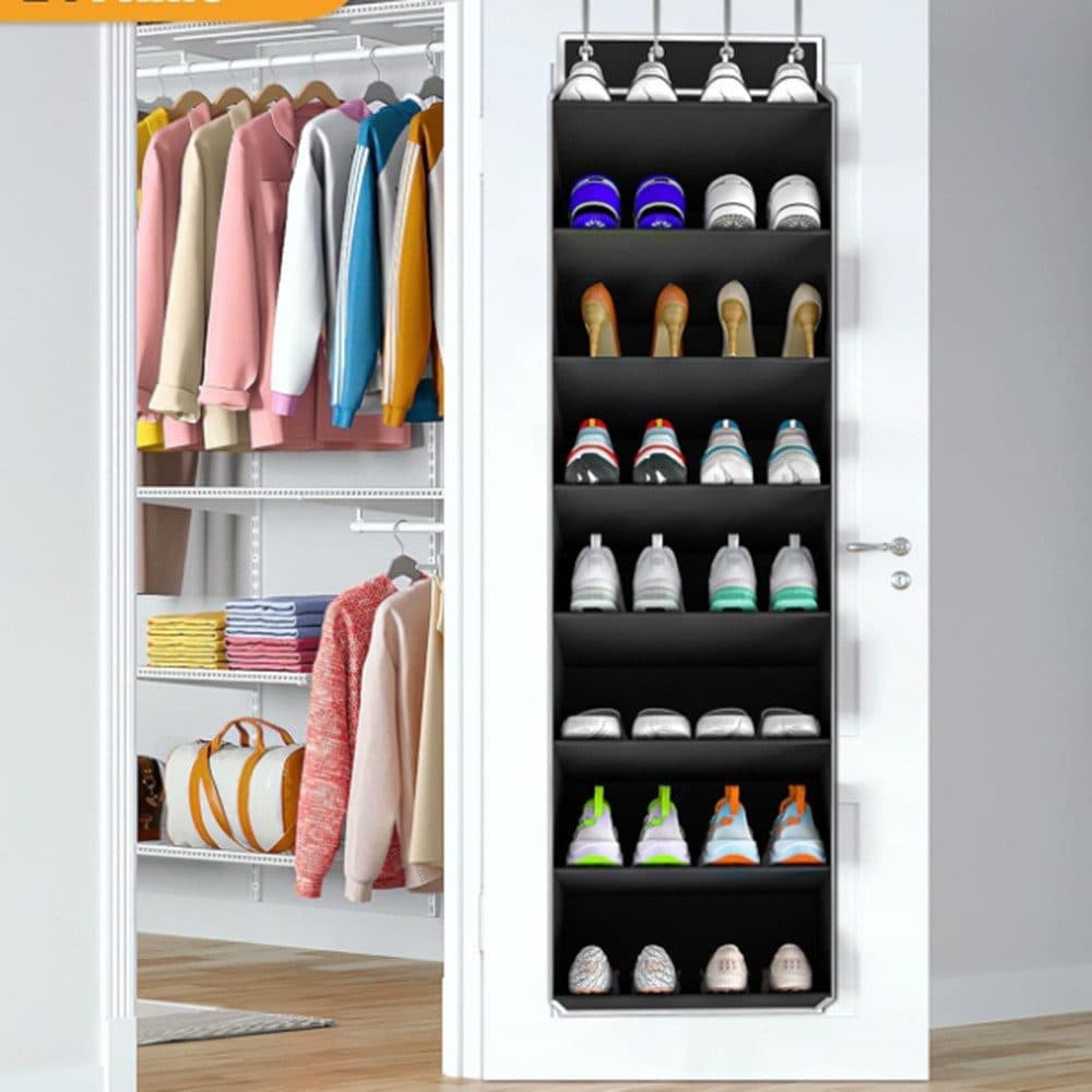 12 Pairs Wall Mounted Shoe Rack with Hooks, Shoe Hanger Storage for Door, 24 x 12 x 4 inches, Black - Image 7