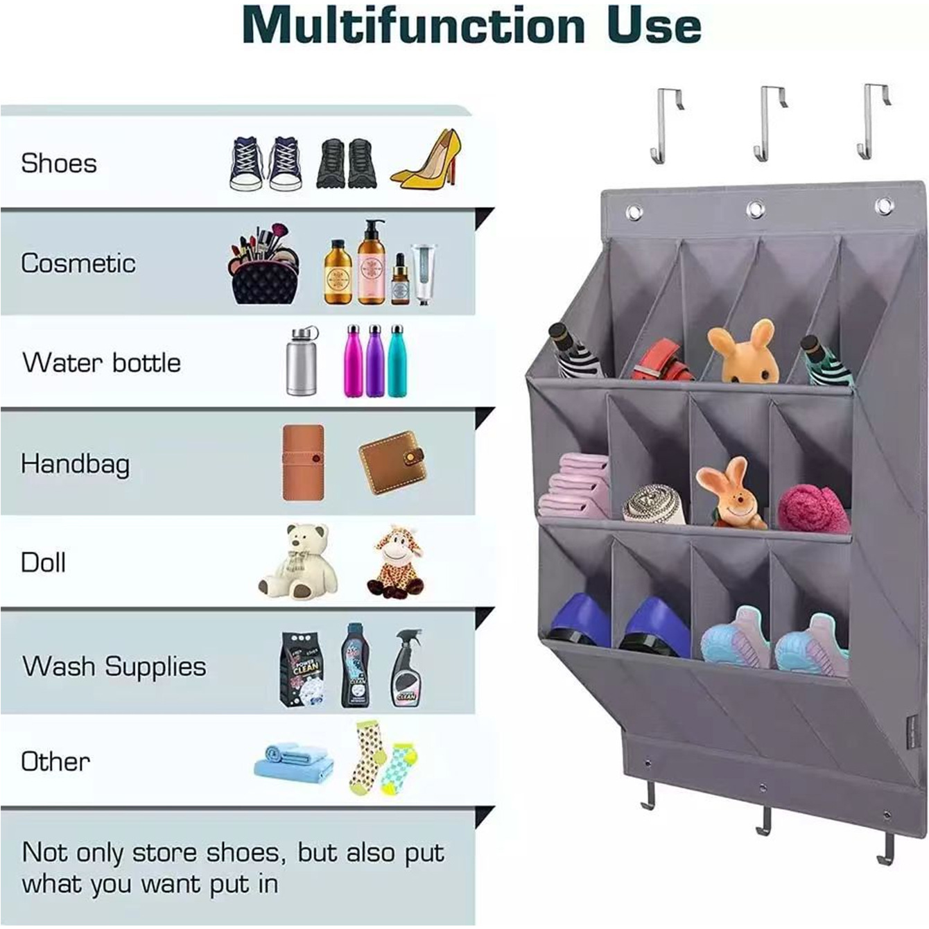 Wall-mounted Shoe and Hat Rack with Hooks, Multi-functional Storage for Door Hanging, Gray - Image 3