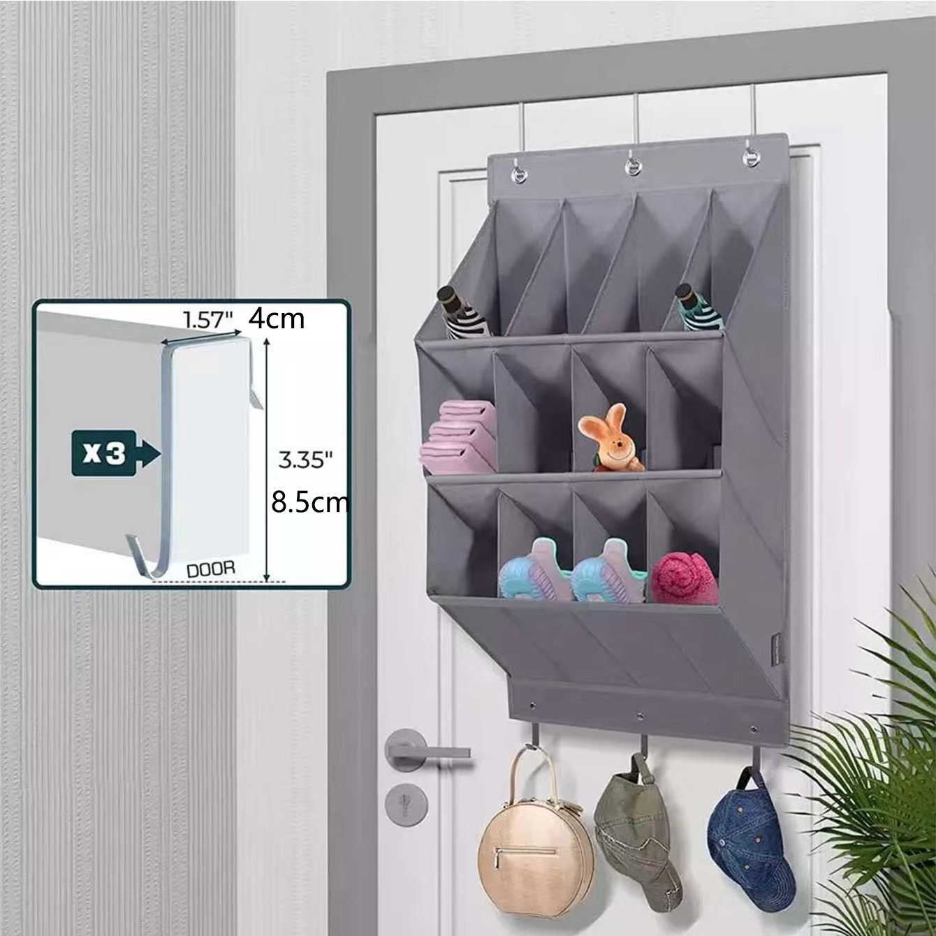 Wall-mounted Shoe and Hat Rack with Hooks, Multi-functional Storage for Door Hanging, Gray - Image 4