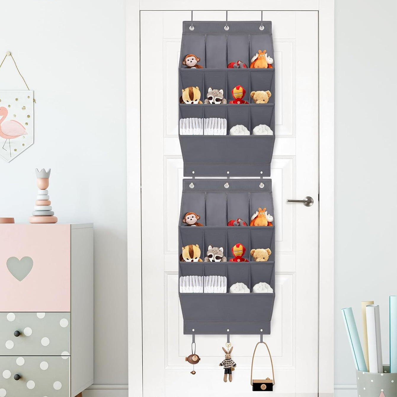 Wall-mounted Shoe and Hat Rack with Hooks, Multi-functional Storage for Door Hanging, Gray - Image 6