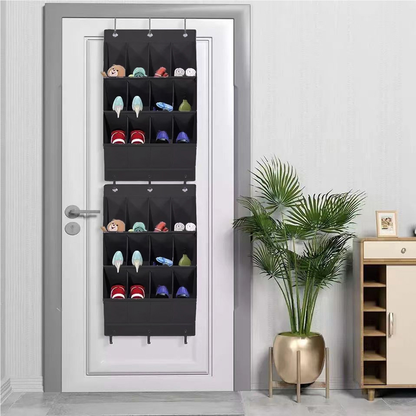 Wall-mounted shoe hat rack with hooks, black, multi-functional storage for door hanging - Image 6