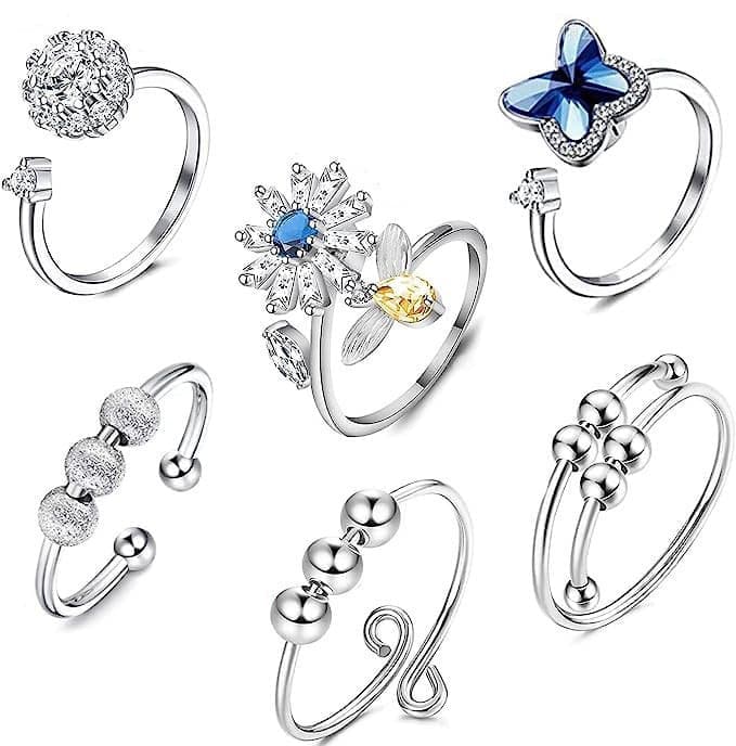 6-Pack Adjustable Antistress Ring with Rotating Beads, Silver - Image 1